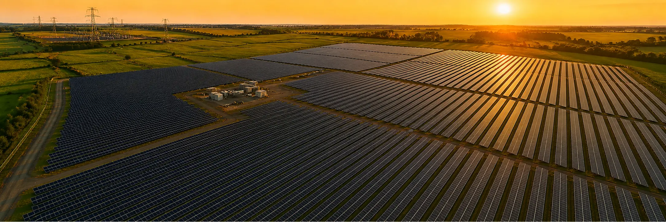Large solar power plant at sunset